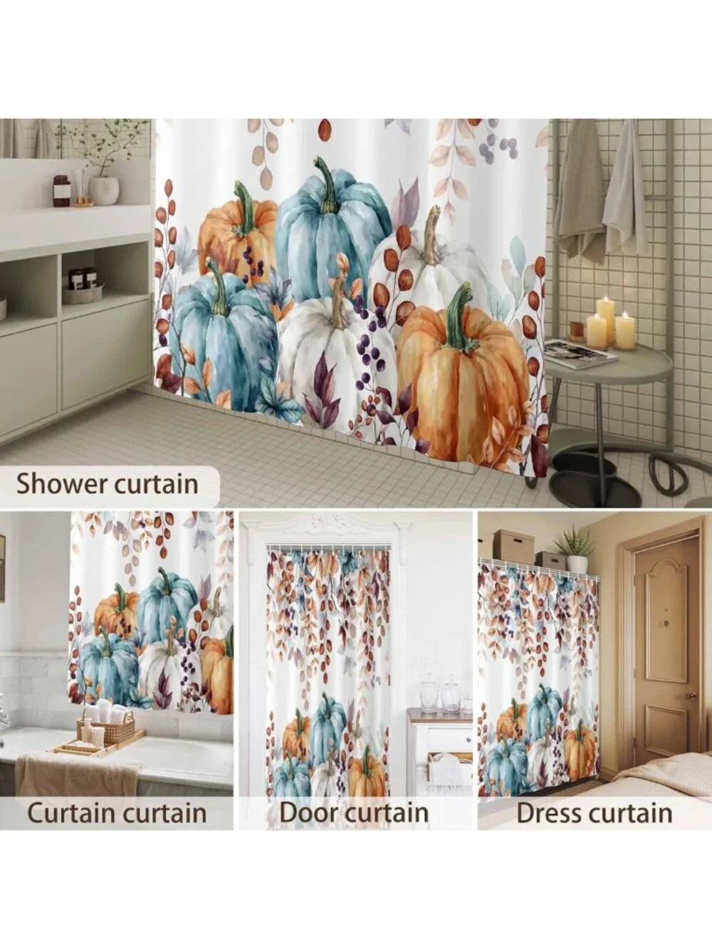 Autumn Pumpkins & Eucalyptus Shower Curtain Set, Waterproof Bathroom Decor 60x72